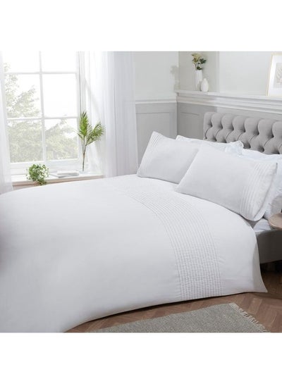 Buy 2-Piece Super Soft Smooth Pintuck Pleated Striped Panel Designed Reversible Single Sized Duvet Cover Set Includes 1xDuvet Cover 135x200cm, 1xPillow Case Cotton Blend White 48x74cm in UAE