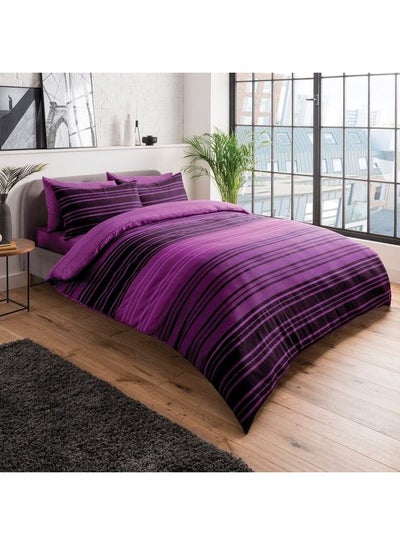 اشتري 2-Piece Reversible Single Size Textured Stripe Bedding Set Includes 1xPillowcases 48x74 cm, 1xSoft Duvet Cover Quilt Combination Purple/Black في الامارات