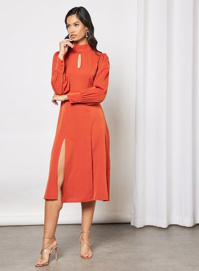 Buy High Neck Front Cut Out Puff Sleeve Long Dress Rust in UAE