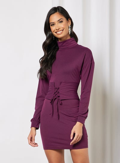 Buy High Neck Front Waist Ruched Drawstring Dress Dark Purple in UAE