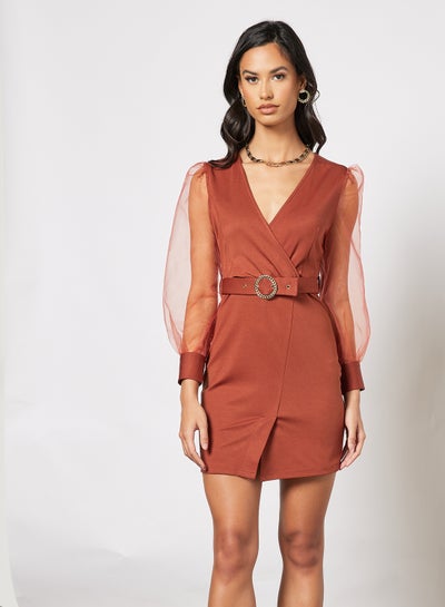 Buy Casual Wrap V-Neck Ballon Long Sleeve Body-con Mini Dress with Waist Belt Brown in Saudi Arabia