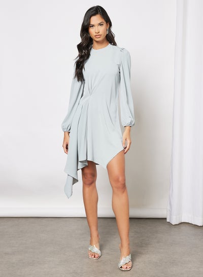 Buy Casual Polyester Long Sleeve Mini Dress With Round Neck Asymmetrical Hem Grey in Saudi Arabia