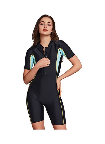 Buy Ladies Short Sleeve Contrast Conservative One Piece Swimsuit Black in UAE