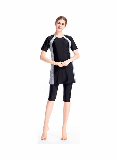 Buy 3-Piece Short Sleeve Contrast Swimsuit Set With Cap Black in Saudi Arabia