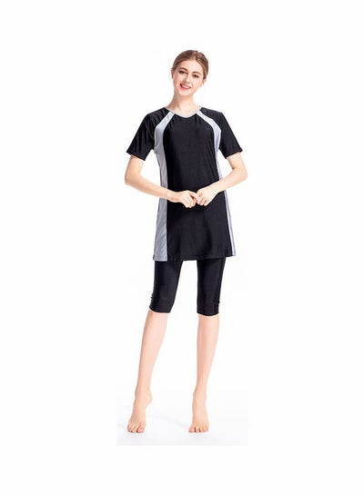 Buy 3-Piece Short Sleeve Contrast Swimsuit Set With Cap Black in UAE