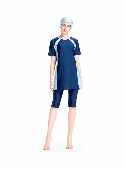 Buy Short Sleeve 3-Piece Contrast Swimwear Set With Cap Blue in UAE