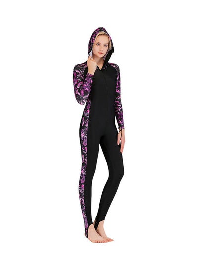 Buy Printing Panel Women Long Sleeve Hooded One Piece Swimsuit Multicolour in UAE