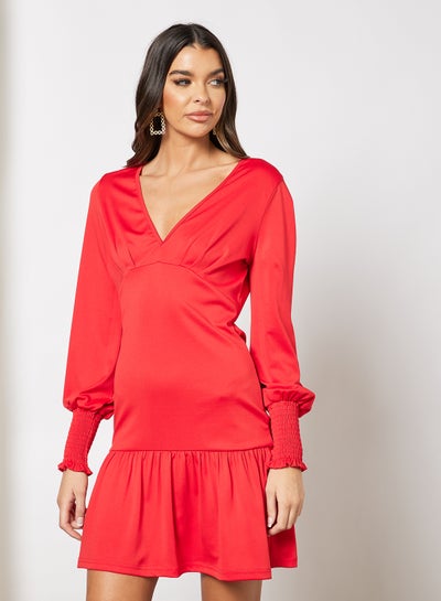 Buy Women V-Neck Long Puff Sleeve Ruffle Hem Dress Red in UAE