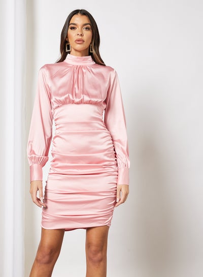 Buy Women High Neck Ruched Detail Party Bodycon Dress Light Pink in Saudi Arabia