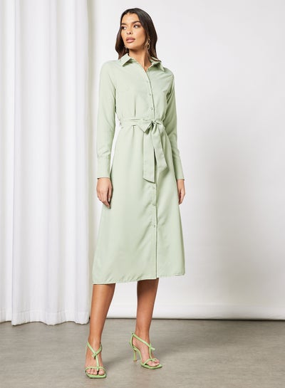 Buy Front Button Self Tie Long Dress Green in UAE