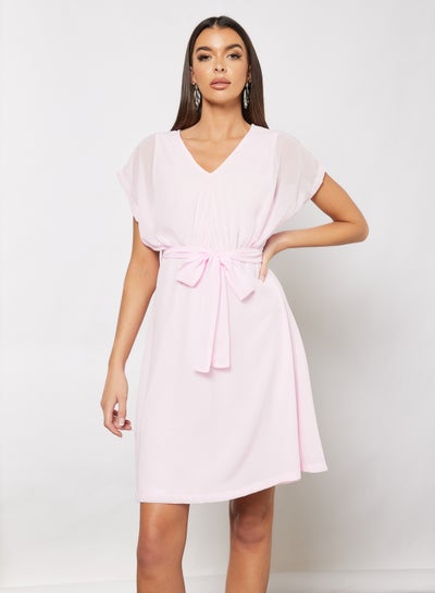 Buy Casual Stylish Wrap Mini Dress With A Belt Pink in Saudi Arabia