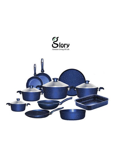 Buy Turkish set 17 s, 5 pots (16-18-20-24-28) + 2 frying pans (28-26) + pizza tray 28 + rectangular casserole 30 + wok 26 + crepe 30 + oven tray 28 Blue 28cm in Egypt