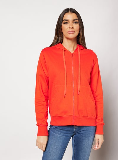 Buy Women Casual Hoodie with Zipper and Side Pockets Red in Saudi Arabia