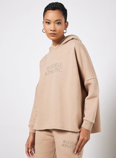 Buy Logo Embellished Hoodie Beige in Saudi Arabia