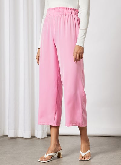 Buy Women Elastic Waistband Solid Wide Leg Pants Pink in UAE