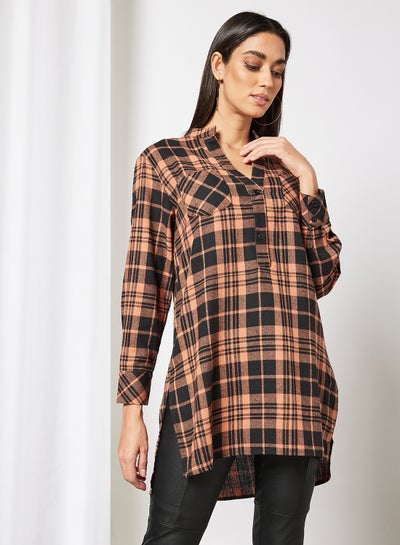 Buy Plaid Print Longline Shirt Brown in Saudi Arabia