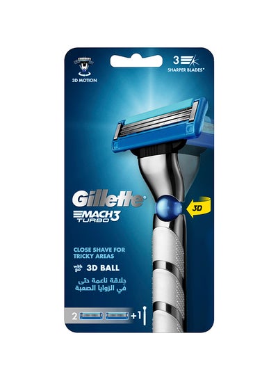 Buy Mach3 Turbo 3D Razor Handle + 2 Blades Silver/Blue in UAE