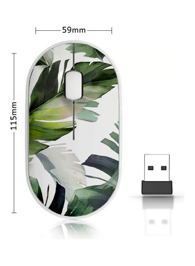 اشتري Water Color Leaf Pattern Wireless Mouse Green/Whtie في السعودية