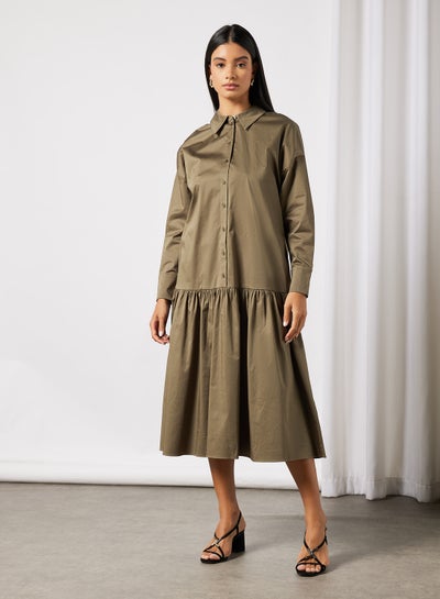 Buy Deep Tier Boxy Shirt Dress Olive in UAE