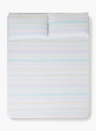 Buy Fitted Bedsheet Set Super King Size High Quality 100% Cotton Percale 144 TC Light Weight Everyday Use 1 Bed Sheet And 2 Pillow Cases Printed Pink/Blue Stripe Cotton Pink/Blue Stripe in UAE