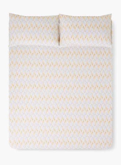 Buy Fitted Sheet Set With Pillow Cover 50X75 Cm, Comforter 120X200+33 Cm - For Twin Size Mattress - 100% Cotton Percale Chevron Leaf - 144 Thread Count Cotton White/Mustard in UAE