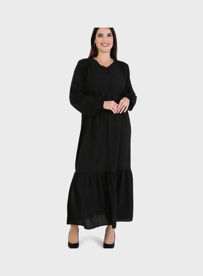 Buy Button Detail Shirred Dress Black in UAE