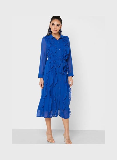 Buy Frill Detail Button Down Dress Blue in UAE