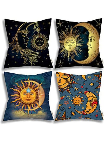 Buy Golden Sun Crescent Moon And Stars Pillow Covers Set Of 4 Decorative Art Pillowcase Cushion Covers Zipper velvet Multicolour 40x40cm in Egypt