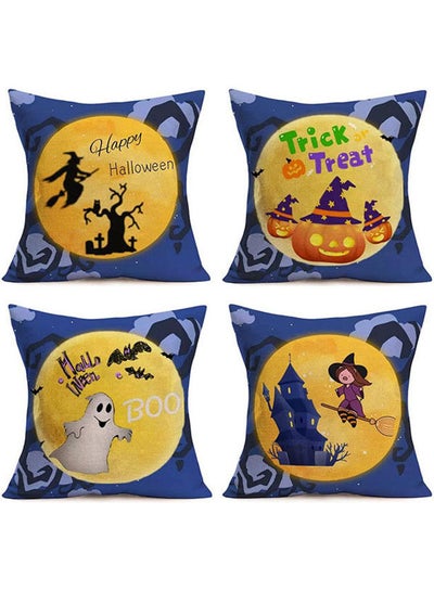 Buy Halloween Pillow Covers Happy Halloween Trick Or Treat Boo With Moon Background Decorative Pillow Cases Set Of 4 Square Cotton Linen Home Decor Cushion linen Multicolour 40x40cm in Egypt