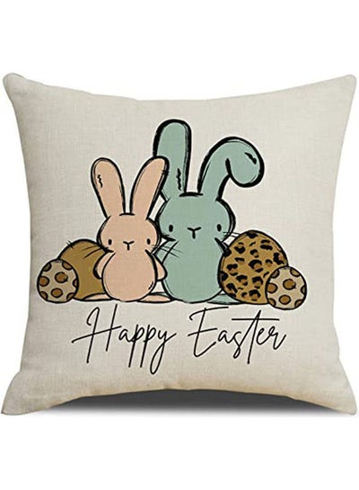 Buy Happy Easter Rabbit Pillow Cover 18 X 18 Inch Square Cotton Linen Easter Bunny Egg Decoration Pillow linen Multicolour 40x40cm in Egypt