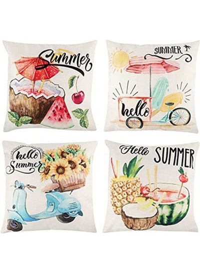 Buy Cushion Covers Set Of 4 Sweet Fruit Sunflower Decorative Pillow Covers Hello Summer Thick Linen Pillowcover polyester Multicolour 40x40cm in Egypt