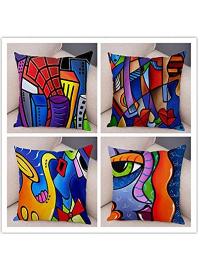 Buy Set Of 4 Decorative Cushion Cover Abstract Figures Square Polyester Cotton Linen Throw Pillow Covers polyester Multicolour 40x40cm in Egypt