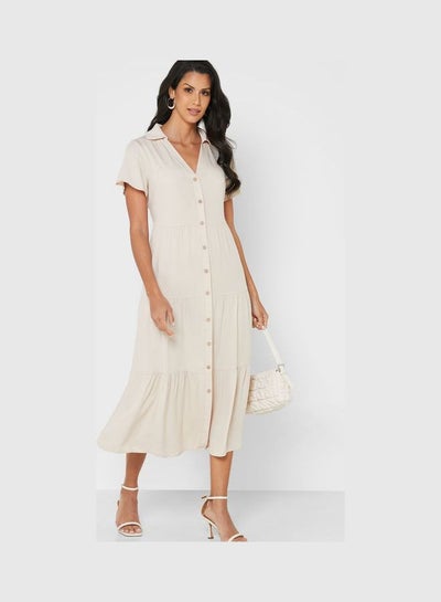 Buy Button Down Midi Dress Beige in Saudi Arabia