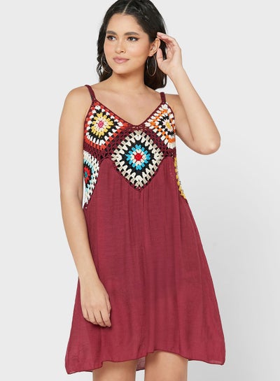 اشتري Crochet Embroidered Dress Burgundy في السعودية