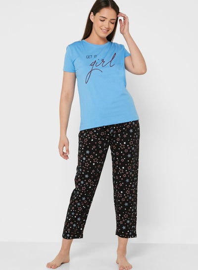 Buy Printed Pyjama Set Blue in Saudi Arabia