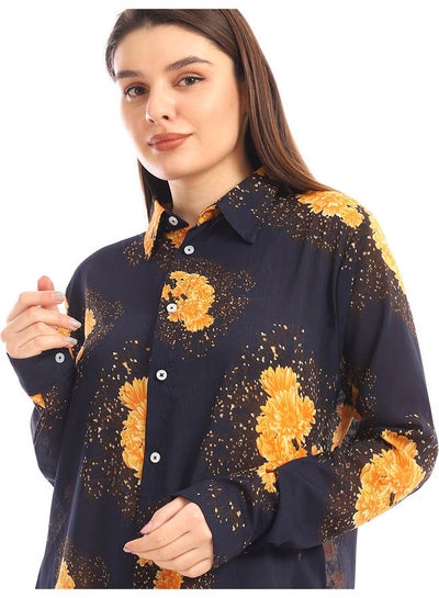 Buy Floral Collared Neck Cotton Long Sleeve Blouse Navy Blue in Egypt