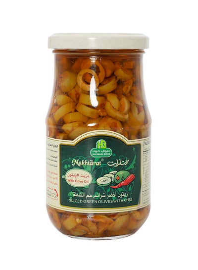 Buy Mukhtarat Sliced Green Oilves With Chili In Oilve Oil 325grams in Saudi Arabia