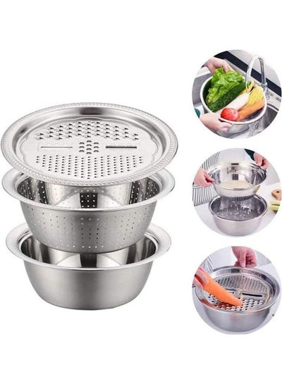 اشتري Stainless Steel Colander Strainer And Kitchen Serving Bowl Set,3Pcs Multifunctional Basin Set For Salad Fruit Vegetable Rice Washing Draining Bracket Drain Basin Grater Basin Kitchen Tools silver في مصر