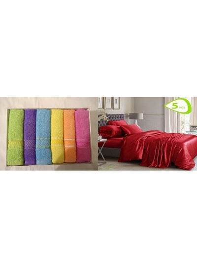 Buy Satin Bed Sheet Set  5 Pcs Cotton Dark Red 160x45cm in Egypt