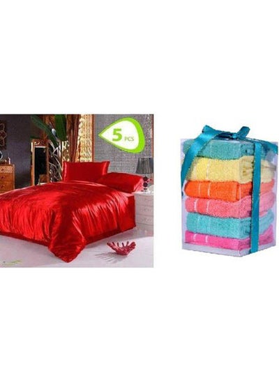 Buy Satin Bed Sheet Set 5 Pcs With Cotton Towels - 6 Pcs Cotton Red 160x45cm in Egypt