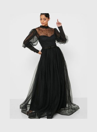 Buy Dotted Tulle Dress Black in Saudi Arabia