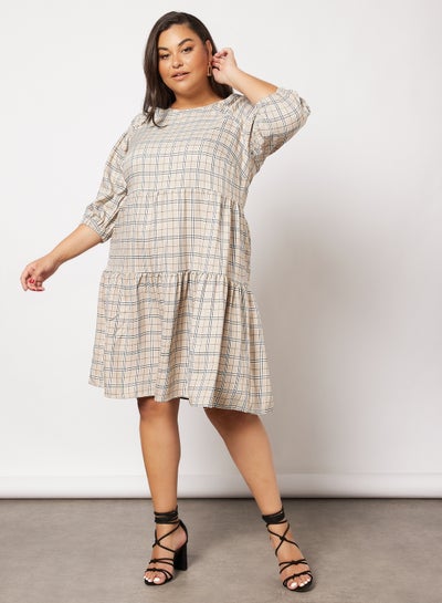 Buy Curve Check Print Dress Beige in Saudi Arabia