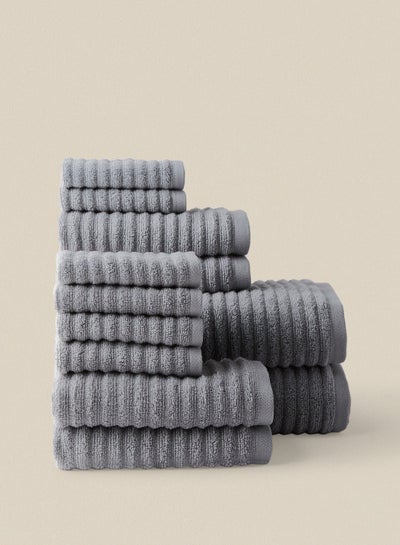 Buy 12 Piece Bathroom Towel Set - 450 GSM 100% Cotton Ribbed - 4 Hand Towel - 6 Face Towel - 2 Bath Towel - Mountain Grey Color - Highly Absorbent - Fast Dry Mountain Grey in Saudi Arabia