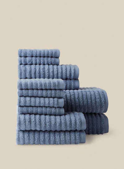 Buy 12 Piece Bathroom Towel Set - 450 GSM 100% Cotton Ribbed - 4 Hand Towel - 6 Face Towel - 2 Bath Towel - Blue Color - Highly Absorbent - Fast Dry Slate Blue in UAE