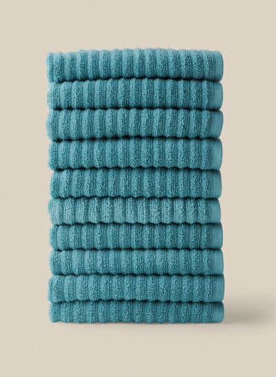 Buy 10 Piece Bathroom Towel Set - 450 GSM 100% Cotton Ribbed - 10 Hand Towel - Blue Color - Highly Absorbent - Fast Dry Pacific Blue 40 x 70cm in Saudi Arabia