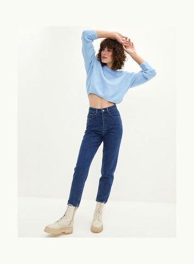 Buy High Waist Mom Fit Rodeo Jean Trousers For Women With Pocket Detail Blue in Saudi Arabia