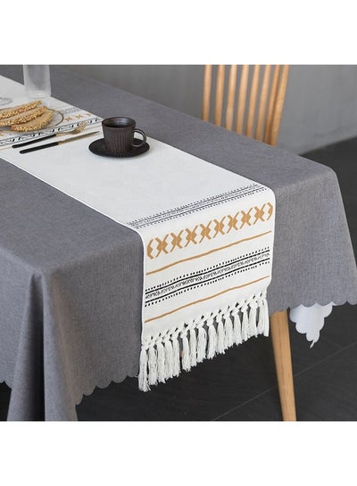 Buy Printed Cotton Woven Coffee Dining Table Runner Off White/Black/Yellow 34x230cm in Saudi Arabia