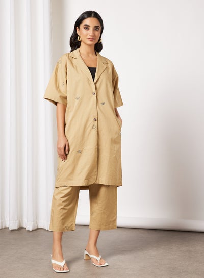 Buy Embroidered Top and Pants Set Beige in Saudi Arabia