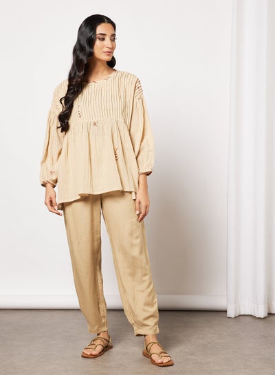 Buy Pleat Detailed Top and Pants Set Beige in Saudi Arabia