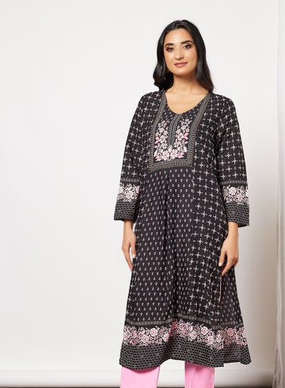 Buy Floral Print Kurta Black in UAE